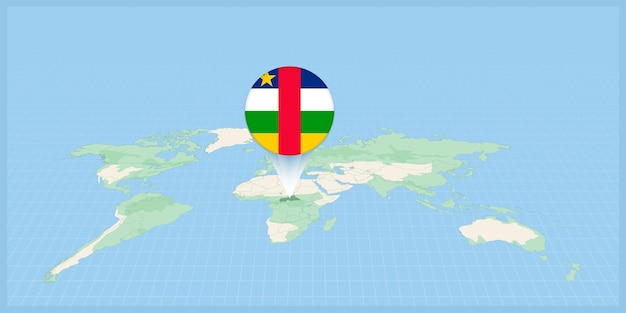 Locatie van de Centraal-Afrikaanse Republiek op de wereldkaart gemarkeerd met de vlagspeld van de Centraal-Afrikaanse Republiek