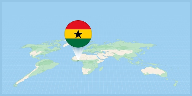 Locatie van Ghana op de wereldkaart gemarkeerd met de vlagpin van Ghana