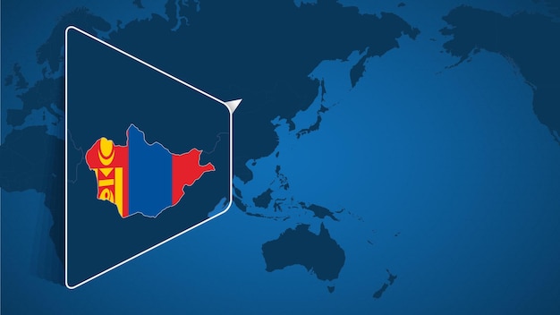 Locatie van Mongolië op de wereldkaart met vergrote kaart van Mongolië met vlag