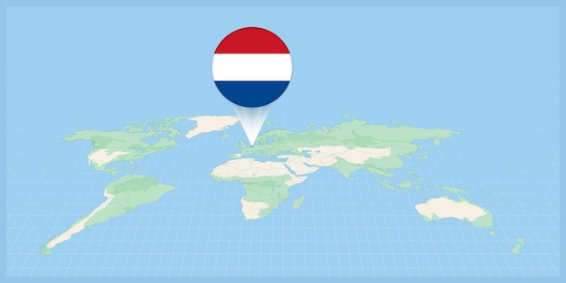 Locatie van nederland op de wereldkaart gemarkeerd met de nederlandse vlagpin