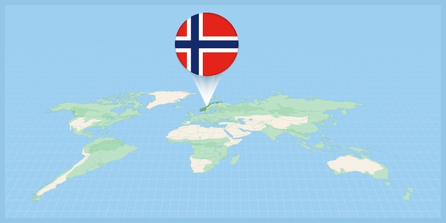 Locatie van Noorwegen op de wereldkaart gemarkeerd met de vlagpin van Noorwegen