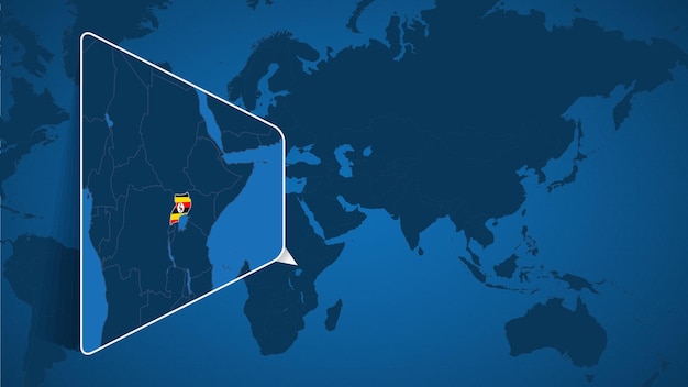 Locatie van Oeganda op de wereldkaart met vergrote kaart van Oeganda met vlag