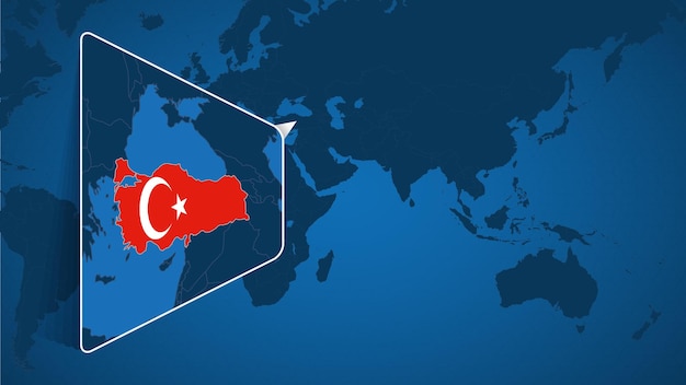 Locatie van Turkije op de wereldkaart met vergrote kaart van Turkije met vlag