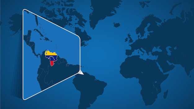 Vector locatie van venezuela op de wereldkaart met vergrote kaart van venezuela met vlag