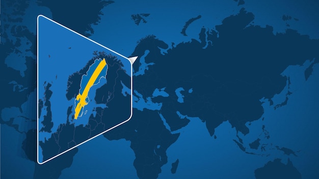 Locatie van zweden op de wereldkaart met vergrote kaart van zweden met vlag