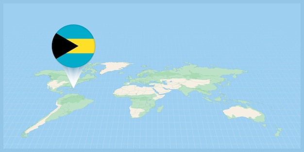 Vector location of the bahamas on the world map marked with the bahamas flag pin