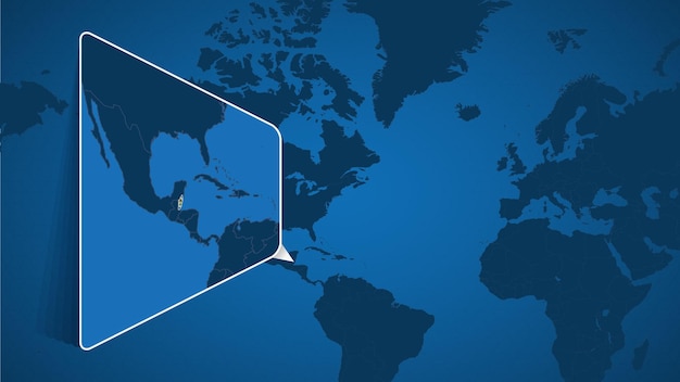 フラグ付きのベリーズの拡大地図と世界地図上のベリーズの場所