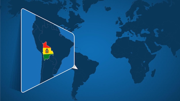 국기가 있는 볼리비아 확대 지도가 있는 세계 지도에서 볼리비아의 위치
