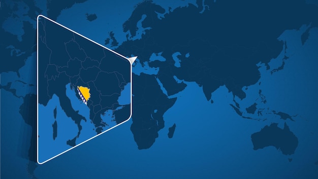 Location of Bosnia and Herzegovina on the World Map with Enlarged Map of Bosnia and Herzegovina with Flag