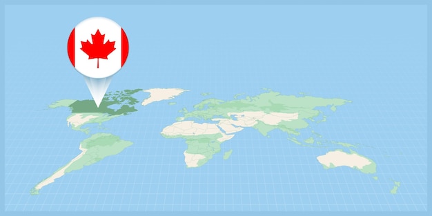 Vector location of canada on the world map marked with canada flag pin