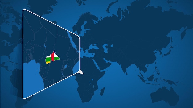 Location of central african republic on the world map with enlarged map of central african republic with flag