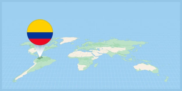 Location of Colombia on the world map marked with Colombia flag pin