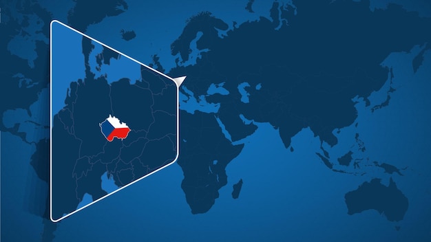 Расположение Чехии на карте мира с увеличенной картой Чехии с флагом