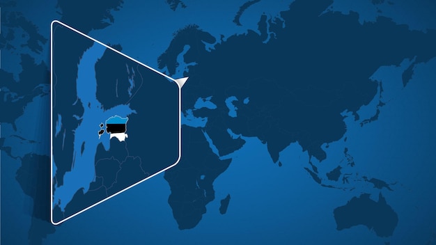 フラグ付きのエストニアの拡大地図と世界地図上のエストニアの場所