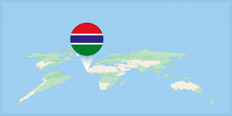 Vector location of gambia on the world map marked with gambia flag pin