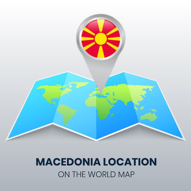 Vettore icona della posizione della macedonia sulla mappa del mondo, icona spilla rotonda della macedonia