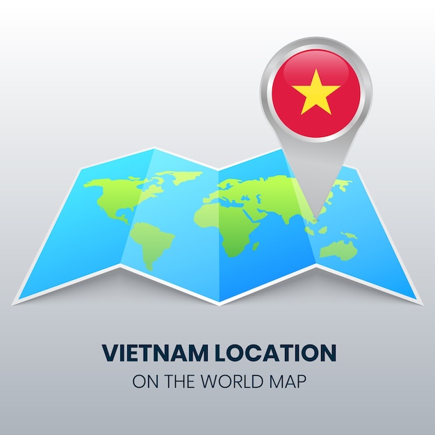 世界地図上のベトナムの場所アイコン、ベトナムの丸ピンアイコン