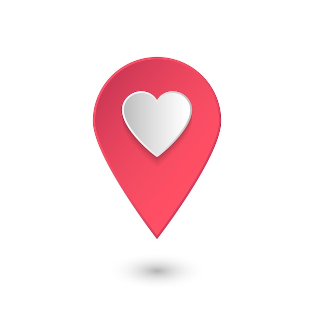 Location icon with heart, pink 3d vector pointer with like