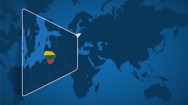 국기가 있는 리투아니아 확대 지도가 있는 세계 지도에서 리투아니아의 위치