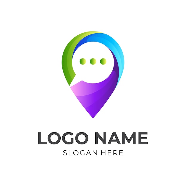 Location logo and chat design communication, 3d colorful logos