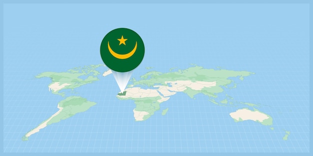 Location of mauritania on the world map marked with mauritania flag pin