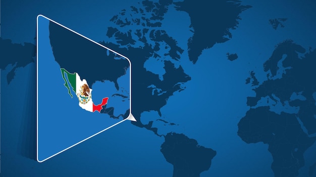 Location of mexico on the world map with enlarged map of mexico with flag