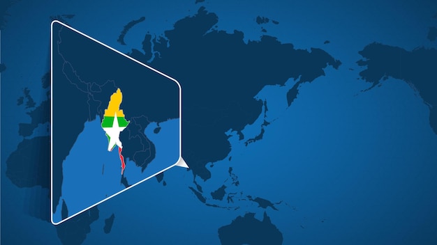 Location of myanmar on the world map with enlarged map of myanmar with flag