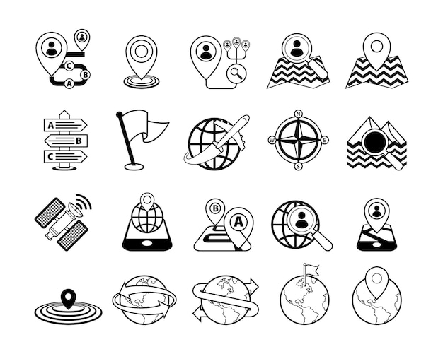 Location and navigation icons vector outline sketch illustration set