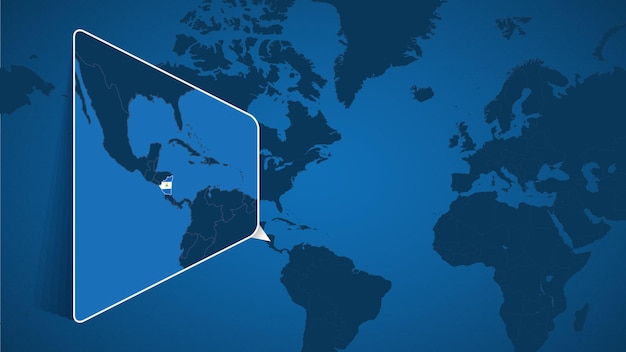 Posizione del nicaragua sulla mappa del mondo con mappa ingrandita del nicaragua con bandiera