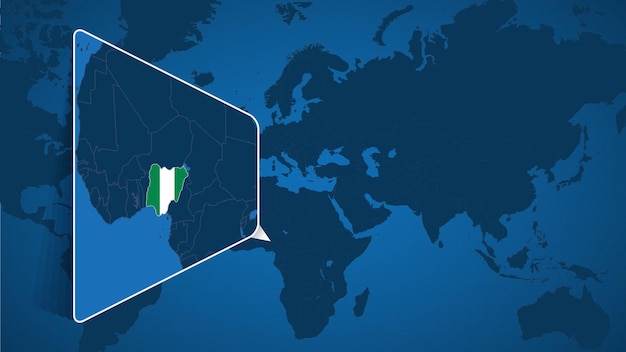 フラグ付きのナイジェリアの拡大地図と世界地図上のナイジェリアの場所