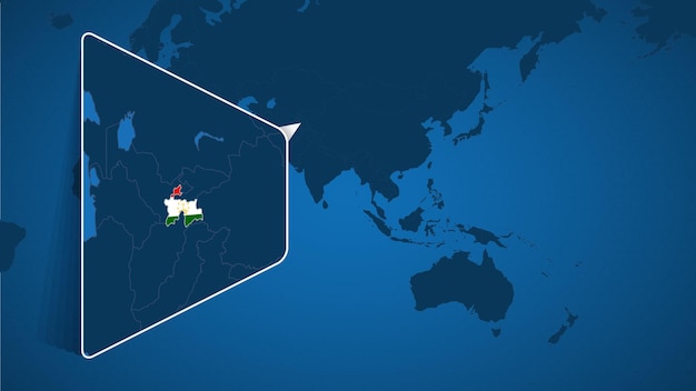 ベクトル 世界地図上のタジキスタンの位置と国旗付きのタジキスタンの拡大地図