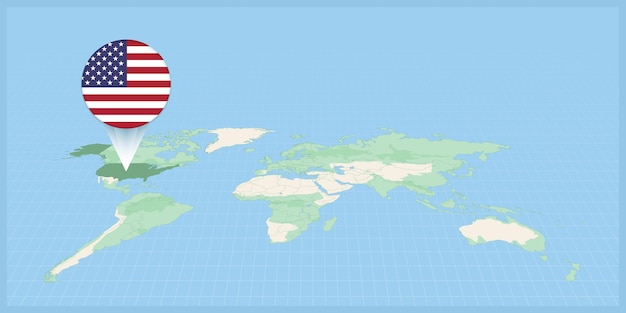 ベクトル 世界地図上の米国の位置は,米国の旗のピンでマークされています