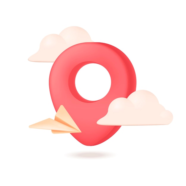 Vector location pin icon 3d vector illustration. map waypoint in clouds with paper plane in cartoon style isolated on white background. summer, tourism, vacation, travel concept