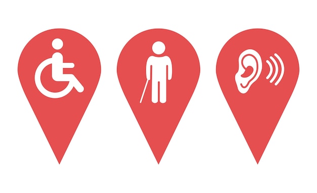 Icone di posizione. simboli di posizione gps. icone di posizione che indicano il parcheggio di persone con disabilità