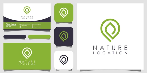 Дизайн логотипа в виде булавки сочетается с натуральными листьями. логотип в стиле минимализма и дизайн визитной карточки