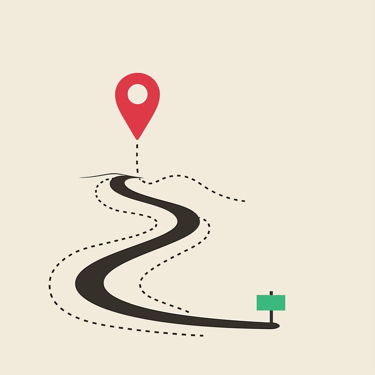 Vector location pin with winding dashed arrow