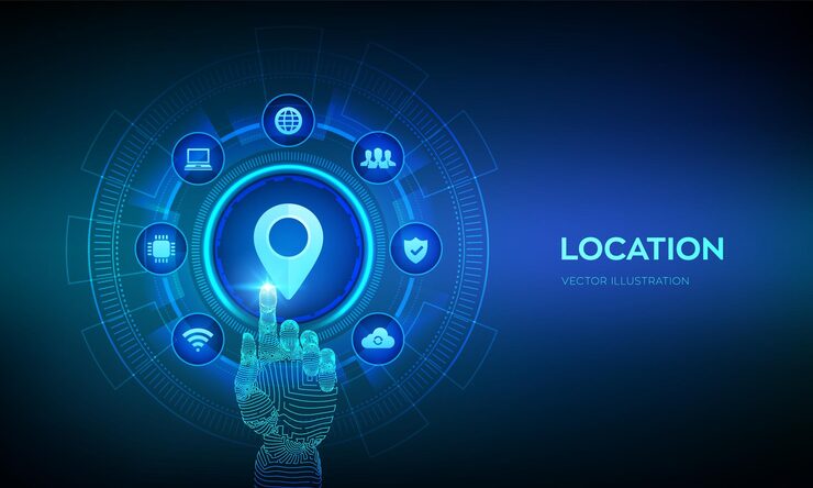 Vector location point of location pointer of map map marker sign gps pointer navigation pin point global position system symbol wireframe hand touching digital interface vector illustration