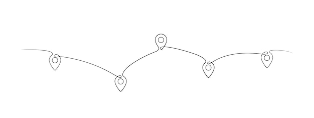 Vettore puntatori di posizione un disegno a tratteggio. illustrazione vettoriale di puntatori a perno a una linea continua. puntatori di navigazione gps. linea artistica. concetto di viaggio. posizione, pin, puntatore icona simbolo una linea arte design. eps