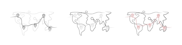 location pointers on world map one line drawing. location pins on map continuous line drawing. gps navigation pointers on map. one line map markers. travel concept icon. vector graphic eps 10