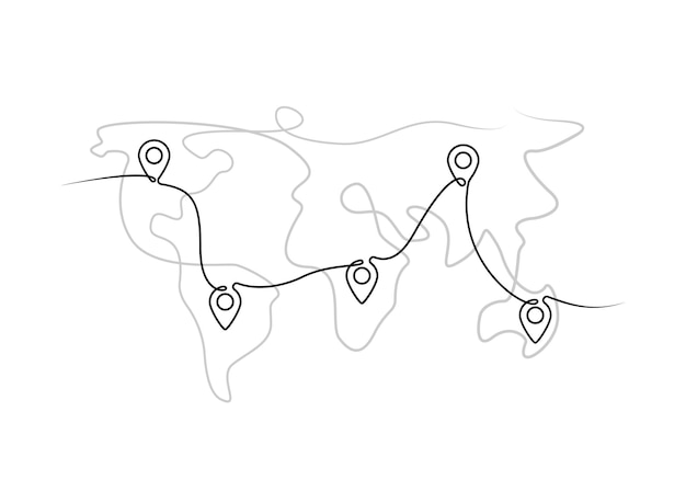 Puntatori di posizione sulla mappa del mondo disegno a una linea perni di posizione sulla mappa disegno a linea continua puntatori di navigazione gps sulla mappa indicatori di mappa a una linea icona del concetto di viaggio grafica vettoriale eps 10