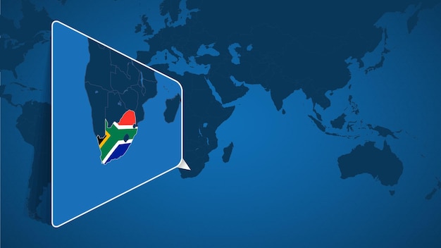 Vettore posizione del sud africa sulla mappa del mondo con mappa ingrandita del sud africa con bandiera