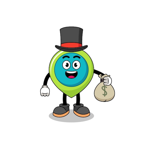 Location symbol mascot illustration rich man holding a money sack