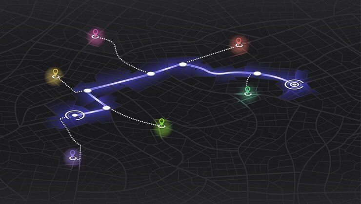Vector location tracks. city streets route distance data path turns and destination tag or mark. isometric