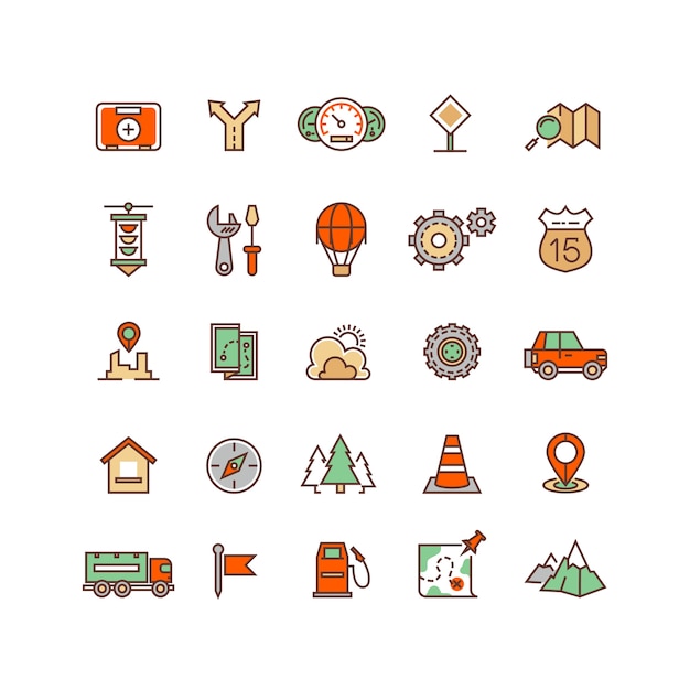 Location and travelling flat vector icons