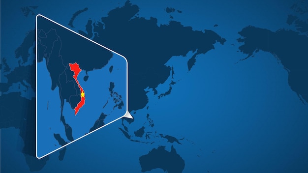 Posizione del vietnam sulla mappa del mondo con mappa ingrandita del vietnam con bandiera