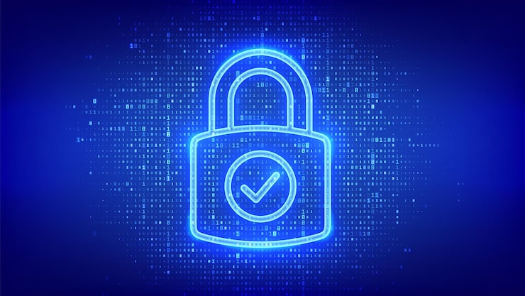 Vector lock cyber security padlock with check mark icon made with binary code protect and security or safe concept information privacy digital code background with digits 10 vector illustration