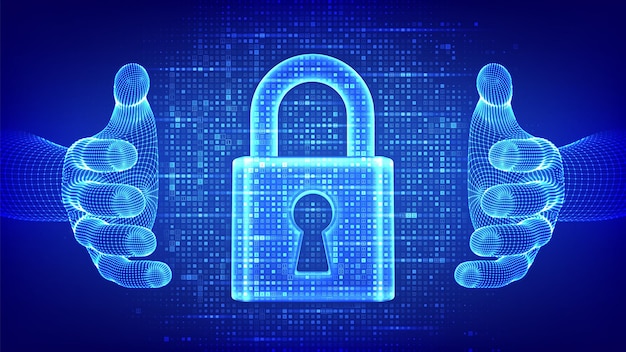 Vector lock cyber security padlock with keyhole icon made with binary code in wireframe hands