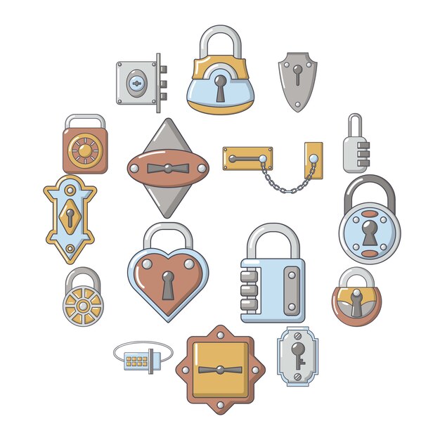 Lock door types icon set, cartoon style