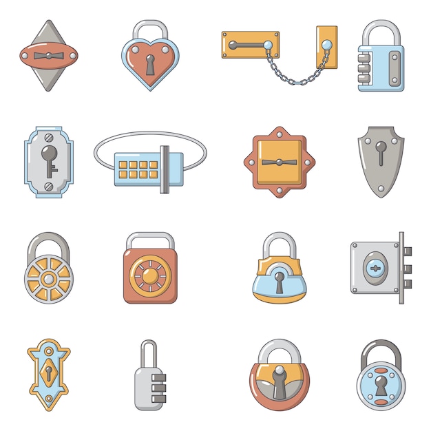 Lock door types icons set