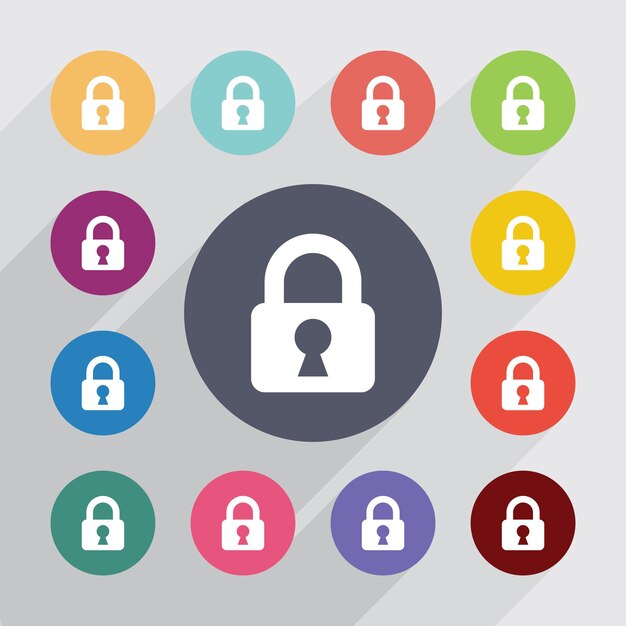 Lock, flat icons set. round colourful buttons. vector